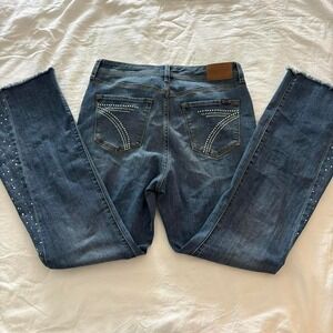 Seven7 Rhinestone Flare Jeans Dark Wash Y2K Raw Hem Size 12